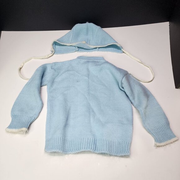 Vintage Blue Bird Baby Infant Knitted Button Cardigan Boys Girls with Cap - Picture 4 of 10